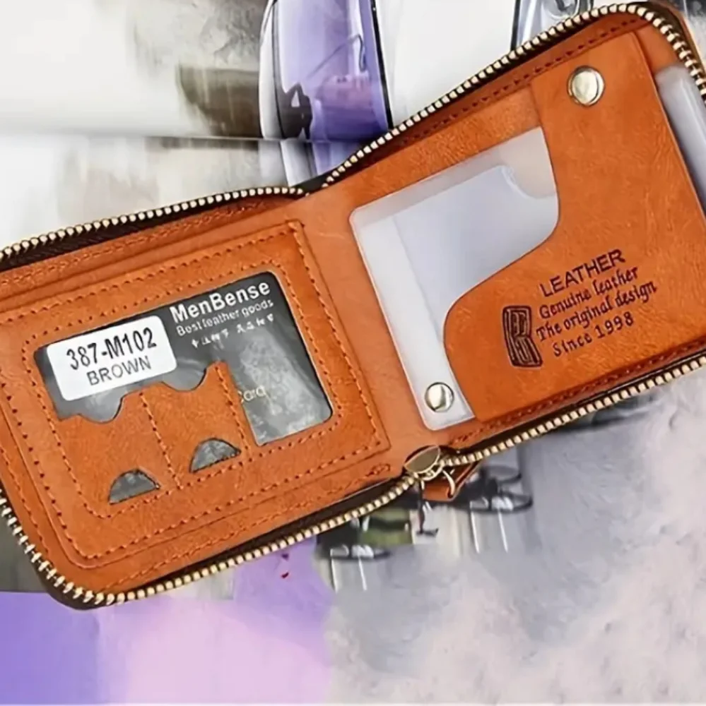 BROWN LEATHER $100 BILL EMBOSSED WALLET ZIP AROUND HOLDS MANY ITEMS RFID PROTECT